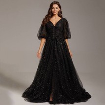 Beautiful Black Princess Stars Sequined Prom Dress Short Puffy Sleeves V-Neck La - £280.63 GBP