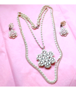 Vintage 1960s MOD White Enameled Set Tri Strand Necklace Pendant Clip Ea... - £27.26 GBP