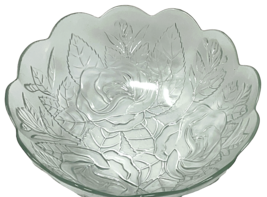 Vintage 9" Frosted Glass Floral Rose Embossed Bowl With Scalloped Edge Indonesia image 6