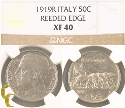 1919-R Italie 50 Centesimi Tranche Striée Bord ( NGC XF40 ) 50c Cent Km#... - $1,280.79 CAD