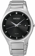 Seiko Solar SNE241 Silver Tone Black Dial Date Mens Classic Dress Watch - £108.75 GBP