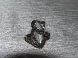 Vintage Mother of Pearl Marquise w Marcasite Overlay 925 Marked Silver Art Deco - £29.33 GBP