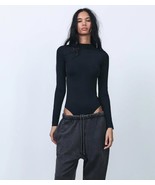 new ZARA women&#39;s Long Sleeve Basic BODYSUIT sz S black leotard zip back ... - $24.65