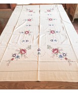 Vintage Tablecloth 11 Napkins Handmade Embroidery Cross Stitch Roses 67x64&quot; - £59.32 GBP