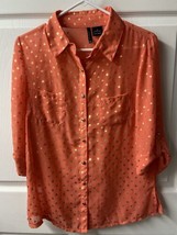 New Directions Button Roll Tab Sleeve Blouse Womens Med Orange Gold Dot Pockets - £11.33 GBP