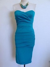 TFNC London Stretch Body Con Dress S XS Turquoise Strapless Diagonal Pleats - £16.64 GBP