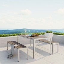 Shore 3 Piece Outdoor Patio Aluminum Dining Set Silver Gray EEI-2480-SLV-GRY-SET - £880.67 GBP