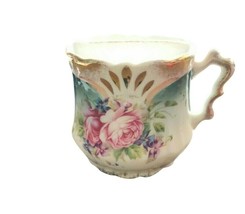 Moustache Teacup Coffee Cup Roses Aqua Pink Gilded Antique 3.5 tall Vint... - $36.79