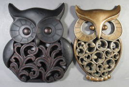 Owl Wall Art Hangings 2 Black &amp; Gold Retro-look 7.5&quot; Composite Material ... - $15.00