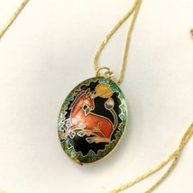 Cloisonne Pink Unicorn Full Moon Puffy Oval Pendant Necklace Gold Tone Chain - £24.05 GBP