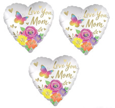 Set of 3 Mother&#39;s Day &#39;LOVE YOU MOM&#39; SATIN FLORAL HEART Foil Balloons - ... - £11.04 GBP