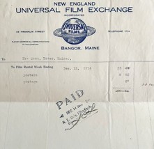 Universal Films Exchange 1914 WW2 Era Invoice Center Theater Maine DWEE3... - $39.99