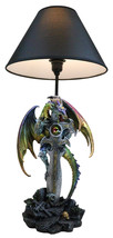 Golden Green Dragon Holding Excalibur Sword With Crystal At Graveyard Table Lamp - £109.34 GBP