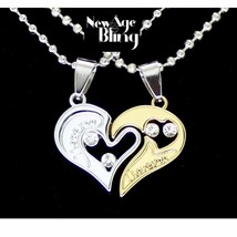 Split Heart 2pc Pendant Cubic Zirconia 20&quot; Plated Stainless Steel Ball Necklace  - £7.79 GBP