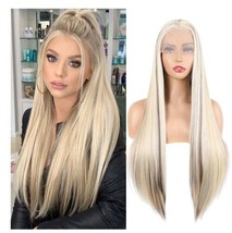 V&#39;NICE Long Straight Highlight Piano Lace Front Wig Blonde with Brown Synthetic - £28.34 GBP