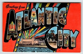 Greetings Atlantic City New Jersey Large Big Letter Linen Postcard Lucy Elephant - £7.41 GBP