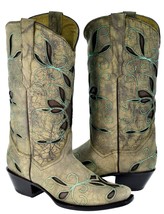 Womens Cowboy Boots Mid Calf Leather Sand Floral Turquoise Embroidered S... - £67.92 GBP