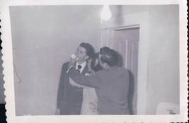 Vtg Best Man Helping Bride Push Cake In Groom’s Face Grand Rapids MI 1949 Snapsh - £5.60 GBP
