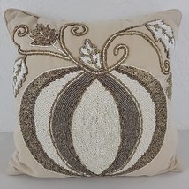 Pumpkin Embroidered Beaded Pillow Pier 1 Imports Fall Gold Metallic White Decor - £19.66 GBP