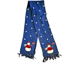 Scarf Muffler Embroidered Snowman Heavy Knit Blue with Fringe Patriotic ... - $23.36