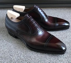 Handmade men&#39;s Brown Color Cap Toe  Leather Shoes Men Lace up dress Formal Shoe - £127.07 GBP