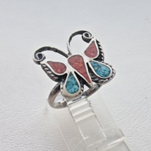 NAVAJO  ARTIST C.80&#39;S 925 STERLING SILVER CORAL, TURQUOISE BUTTERFLY RIN... - $884.36 MXN