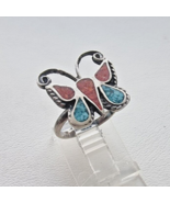 NAVAJO  ARTIST C.80&#39;S 925 STERLING SILVER CORAL, TURQUOISE BUTTERFLY RIN... - €41,93 EUR
