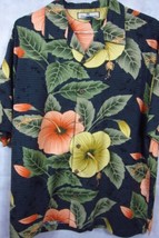 GORGEOUS Tommy Bahama Black With Amazing Flowers Silk-Cotton Hawaiian Shirt L - £36.05 GBP
