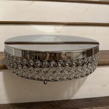 Round Silver Metal Cake Stand Crystal Beads Wedding Birthday Events 15.5... - $35.00