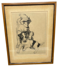 Terrier Dog &amp; Monkey 1/25 Antique Framed Art Pencil Etching 12&quot; x 15&quot; Si... - £192.59 GBP