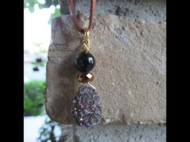 Hand made - Wire wrapped Onyx, copper tone Hematite, and Druzy quartz pendant.  - £17.18 GBP