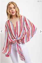 Boho Fuscia Striped Long Sleeve Tie Front Oversized Women&#39;s Blouse Festival - £15.68 GBP