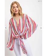 Boho Fuscia Striped Long Sleeve Tie Front Oversized Women&#39;s Blouse Festival - $19.99