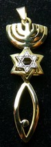 14k Yellow Gold 12 Diamond Judaica 2 Sided Star Menorah Messianic Pendan... - $249.99