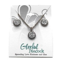Druzy Stud Earring Bezel Pendant Necklace Jewelry Set Silver - £17.40 GBP