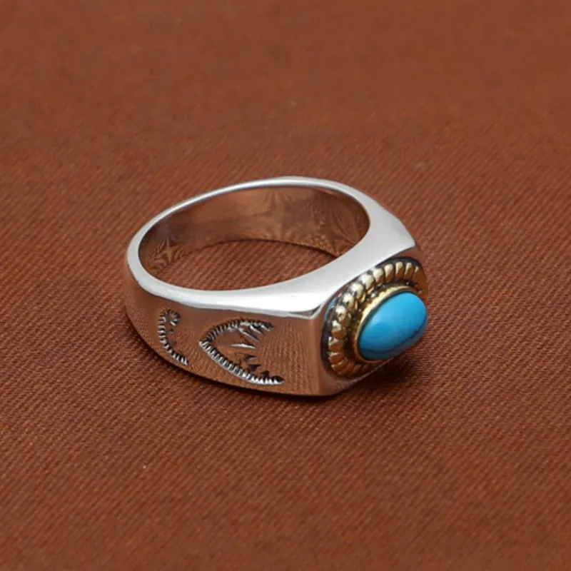 Turquoise Tibetan Silver High Polished Rings 925 Sterling Silver Wide Lovers Rin - £44.38 GBP