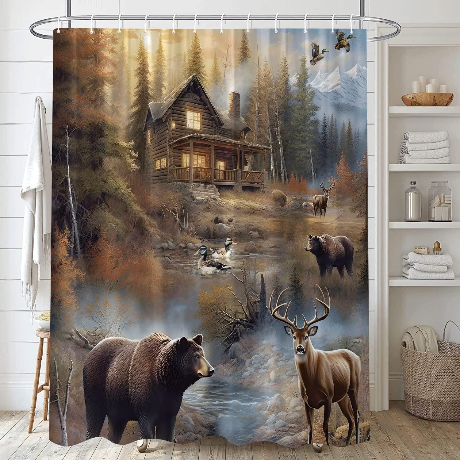 Primary image for Cabin Lodge Bear Deer Country Forest Fabric Shower Curtain, Modern Rustic,70"x70