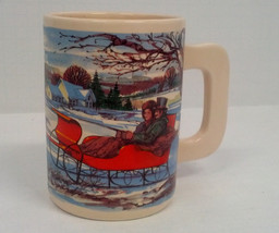 large ceramic drink cup mug flat handle  winter horse and sliegh ride sc... - $19.75