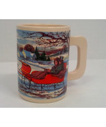 large ceramic drink cup mug flat handle  winter horse and sliegh ride sc... - $19.75