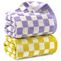 Checkered Bath Towel Set In Yellow And Lilac, Soft Decorative Towels For Bathroo - £43.15 GBP