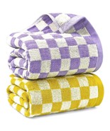 Checkered Bath Towel Set In Yellow And Lilac, Soft Decorative Towels For... - £42.36 GBP