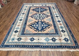 Turkish Kazak Rug 5x8 ft Bold Geometric Bohemian Carpet Blue and Ivory Handmade - £982.89 GBP