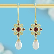 Natural Pearl and Garnet Vintage Style Drop Earrings in Solid 9K Yellow Gold - £507.68 GBP