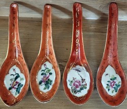 4 Vintage Burnt Orange Gold Floral Porcelain Chinese Rice Soup Spoon China - £13.79 GBP