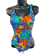 Vintage 80s 90s Swimsuit One Piece Lands End Open Back Shiny Floral Size... - $46.53