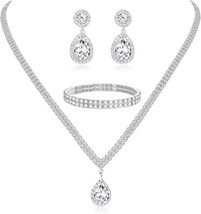 Crystal Bridal Jewelry Set Crystal Necklace and Earrings with Bracelet for Women - £17.32 GBP