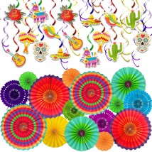 46Pcs Mexican Fiesta Party Decorations, Colorful Hanging Paper Fan Swirls For Ci - £30.83 GBP