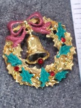 Vintage Christmas Rhinestone Brooch Pin Wreath Holly Berry Bell Bow - £7.49 GBP
