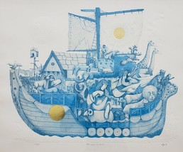 Signed Amram Ebgi &quot;Noah and the Ark&quot; Blue Color  Embossed Gold Etching Art Print - £354.32 GBP