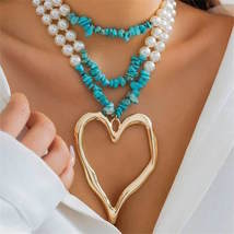Vintage Style Big Heart Pendant Fashion Pearl Turquoise Beaded Necklace - £10.21 GBP